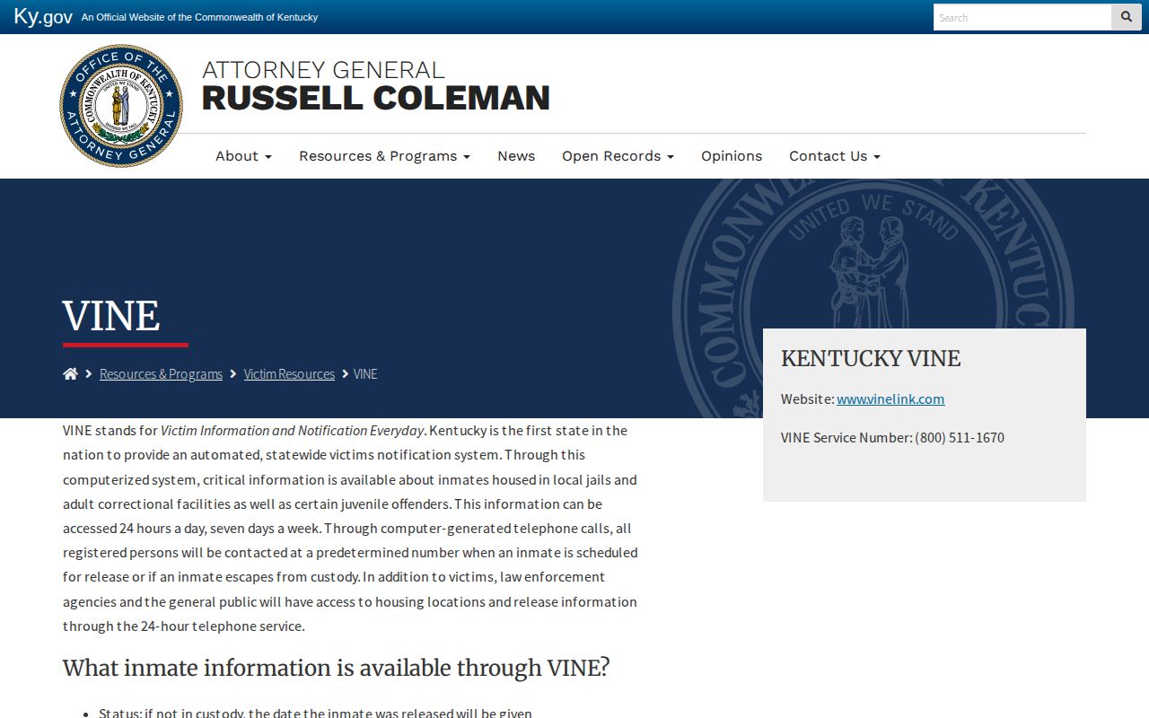 Kentucky Attorney General VINE victim resource page