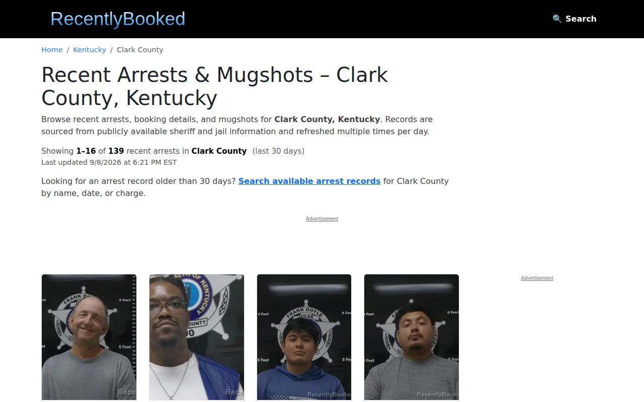 RecentlyBooked Clark County secondary arrest interface