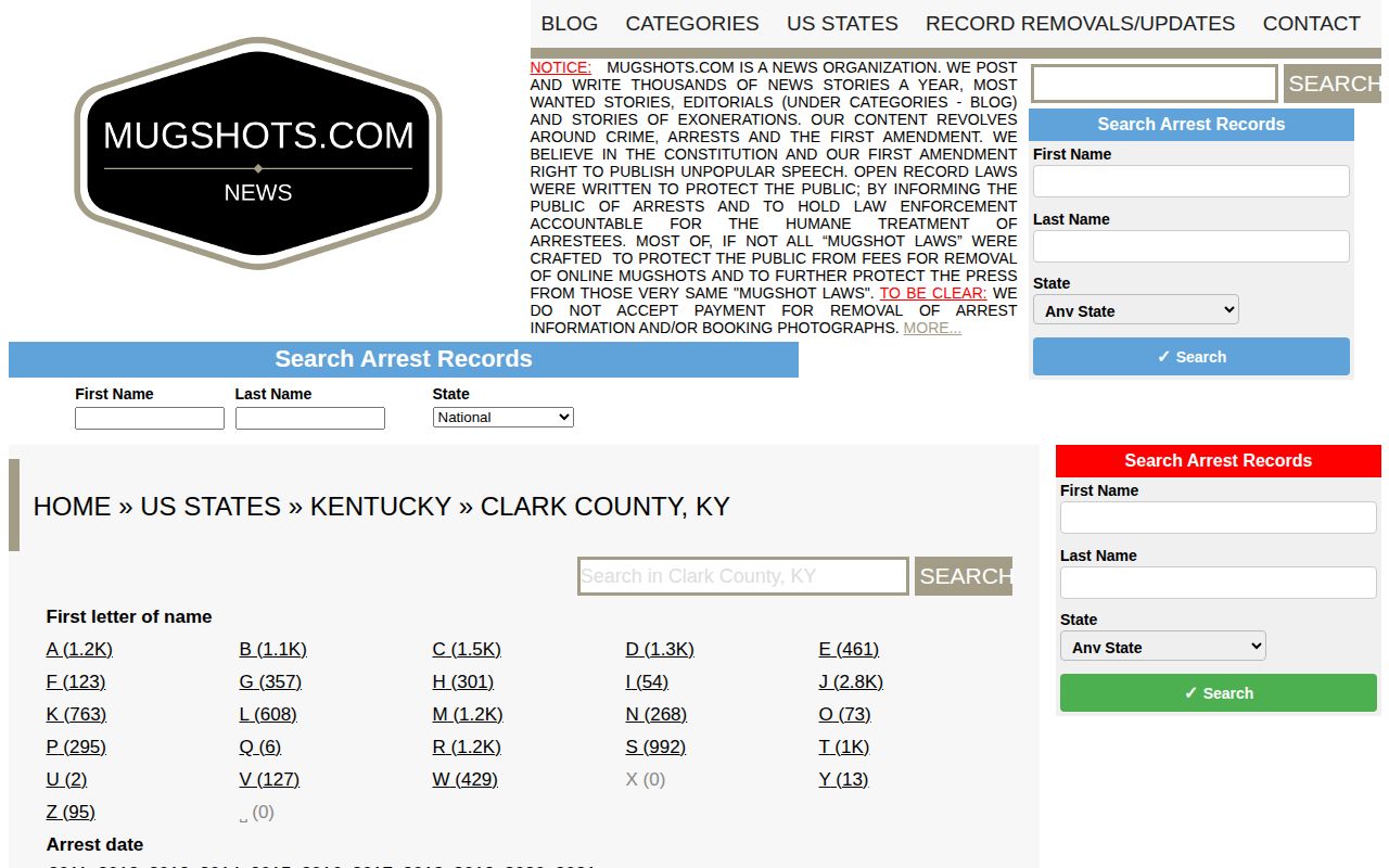 Mugshots.com Clark County archive interface captured for source comparison